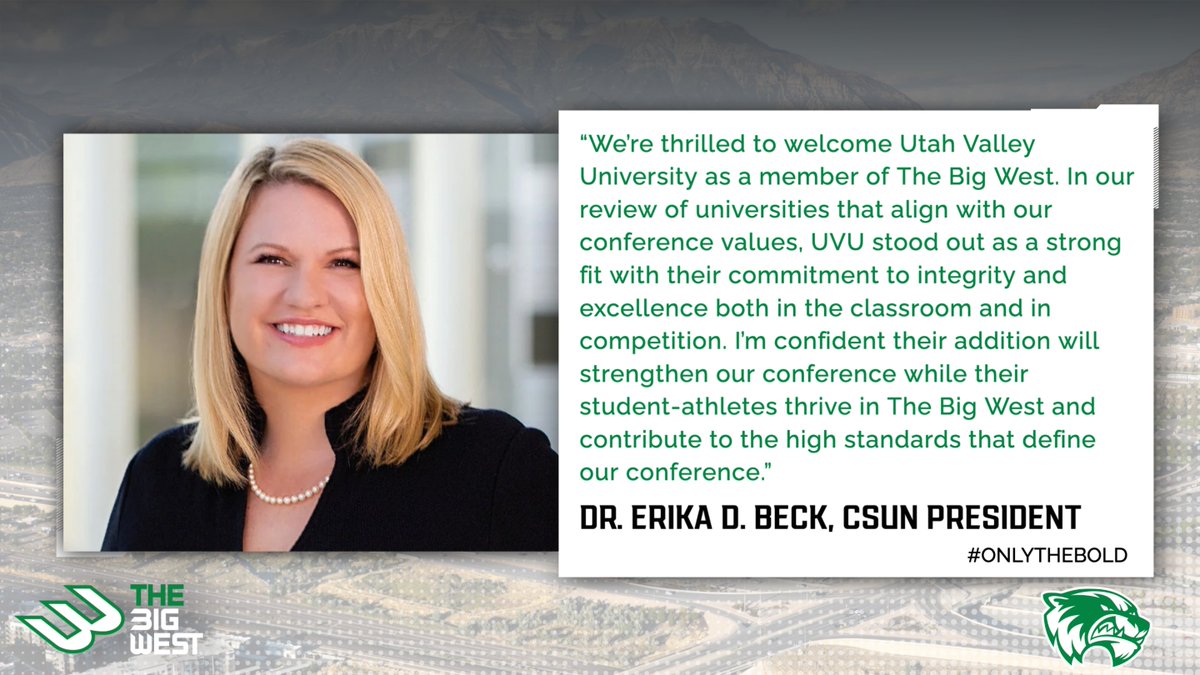 The Big West (@bigwestsports) on Twitter photo Hear from <a href="/csunorthridge/">Cal State Northridge</a> President Dr. Erika D. Beck
on the addition of <a href="/GoUVU/">UVU Wolverines</a> in 2026.
#๐ข๐ป๐น๐๐ง๐ต๐ฒ๐๐ผ๐น๐ฑ x #GoUVU Hear from <a href="/csunorthridge/">Cal State Northridge</a> President Dr. Erika D. Beck
on the addition of <a href="/GoUVU/">UVU Wolverines</a> in 2026.
#๐ข๐ป๐น๐๐ง๐ต๐ฒ๐๐ผ๐น๐ฑ x #GoUVU