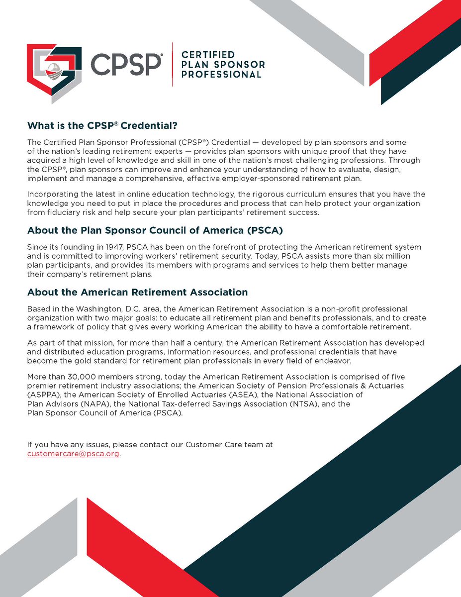 Excited to partner with the American Retirement Association and PSCA to offer complimentary access to the CPSP® program in 2025. Fully online, CE credit eligible, and weekly webinars.

Register by June 9.
