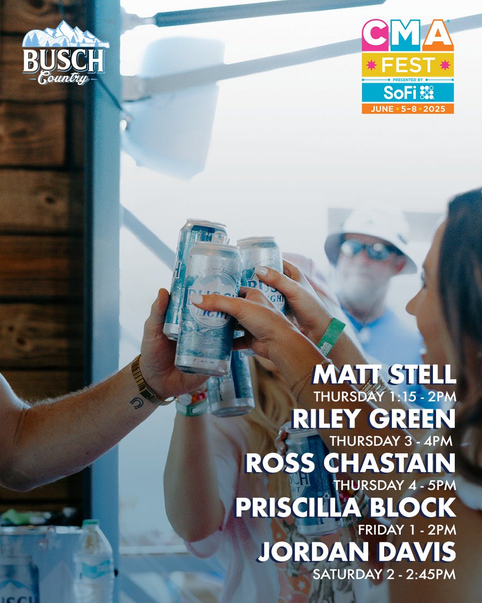 Busch Beer (@buschbeer) on Twitter photo GRAB A BUSCH LIGHT WITH YOUR FRIENDS (21+) FROM YOUR FAVORITE COUNTRY ARTIST OR <a href="/NASCAR/">NASCAR</a> DRIVER
Our #BuschCountry appearance lineup is here! Grab your friends and head down to Busch Country in Ascend Park at #CMAfest
<a href="/priscillablock/">Priscilla Block</a>, <a href="/RossChastain/">Ross Chastain</a>, <a href="/JordanCWDavis/">Jordan Davis Music</a>, GRAB A BUSCH LIGHT WITH YOUR FRIENDS (21+) FROM YOUR FAVORITE COUNTRY ARTIST OR <a href="/NASCAR/">NASCAR</a> DRIVER
Our #BuschCountry appearance lineup is here! Grab your friends and head down to Busch Country in Ascend Park at #CMAfest
<a href="/priscillablock/">Priscilla Block</a>, <a href="/RossChastain/">Ross Chastain</a>, <a href="/JordanCWDavis/">Jordan Davis Music</a>,