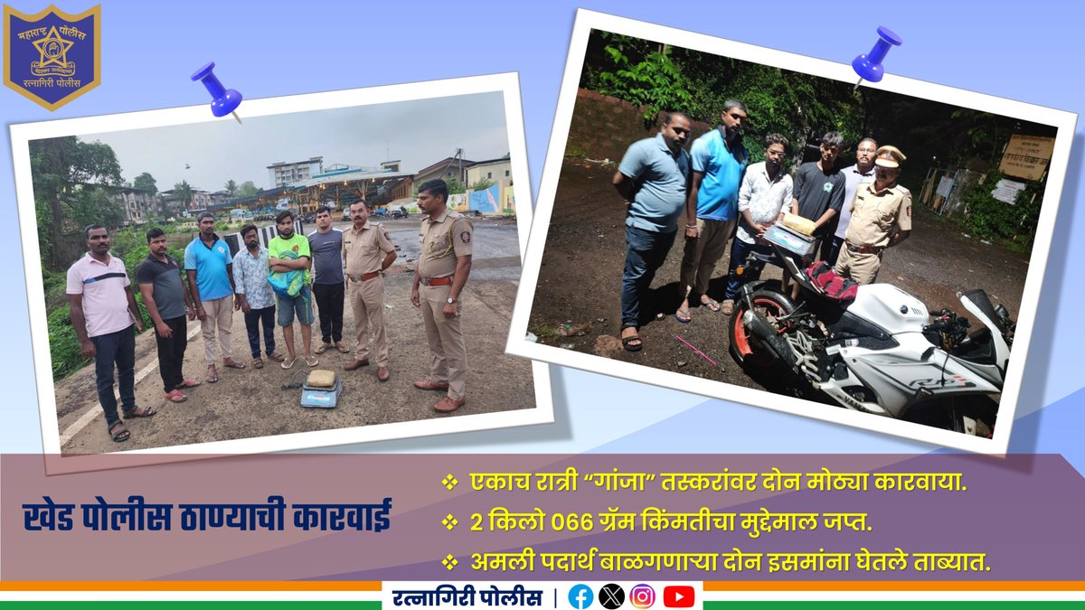 RatnagiriPolice's tweet image. खेड पोलीस ठाण्याच्या कारवाईमध्ये एकाच रात्री “गांजा” तस्करांवर दोन मोठ्या कारवाया. 2 किलो 066 ग्रॅमचा अमली पदार्थ जप्त व एकूण ₹2,36,711/- किंमतीचा मुद्देमाल जप्त. अमली पदार्थ बाळगणाऱ्या दोन इसमांना ताब्यात घेण्यात आले@nitin_bagate_ips #NDPS #Seizure #Detection #Arrest #Ratnagiri