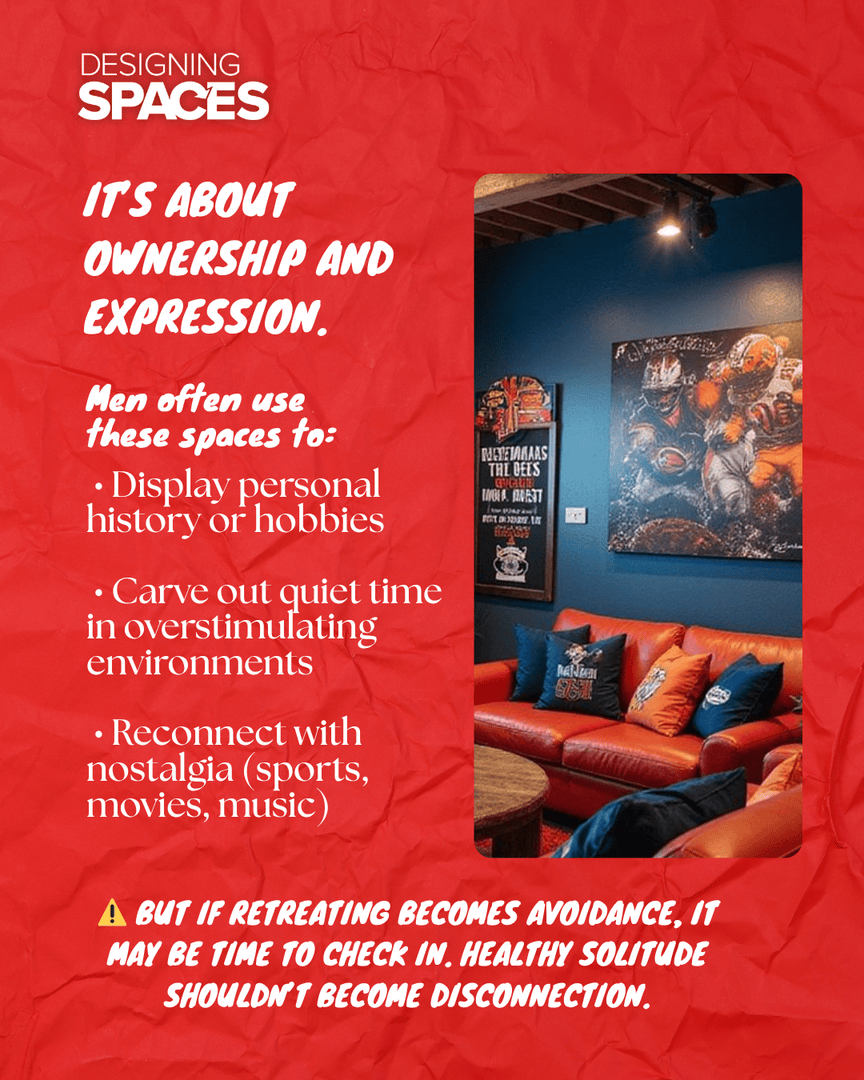 DSpacesTV's tweet image. 🧠💬 The “man cave” is more than a masc-coded chill room. It’s a space for in autonomy, reflection, and emotional regulation.

💡 What are your "man corner" non-negotiables?

#DesigningSpaces #MensHealth #ManCave #InteriorDesign