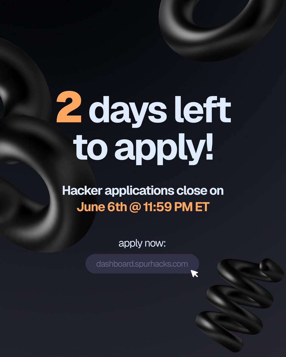 ⏳ Only 2 days left to apply for SpurHacks 2025.

If you’re serious about tech, startups, or entrepreneurship, don’t miss this.
📍 Waterloo | 🗓️ June 20–22
🔗 Apply now: spurhacks.com

#SpurHacks2025 #Hackathon #StudentFounders #StartupCommunity #WaterlooTech