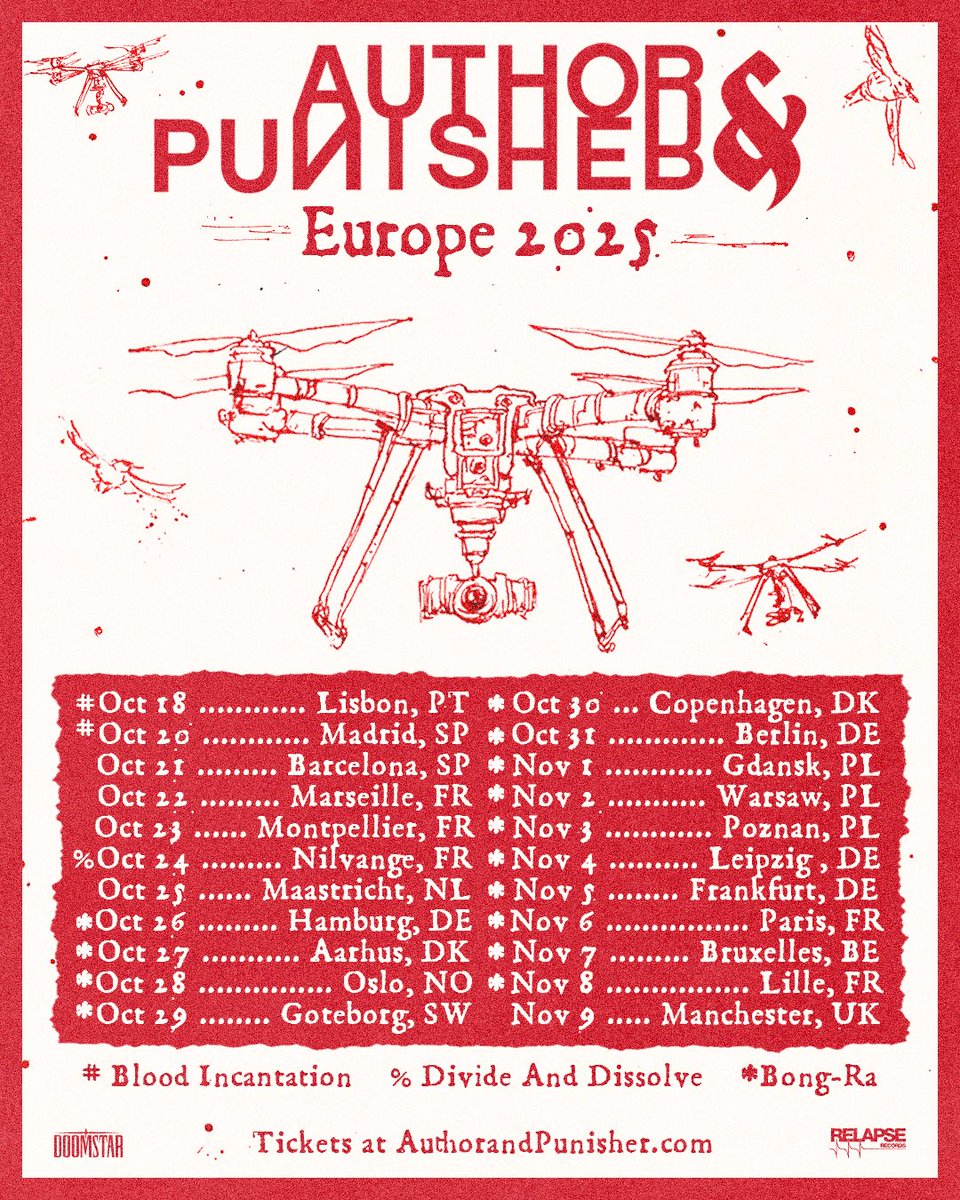 European Fall Tour Dates w/ BLOOD INCANTATION, BONG-RA &amp; DIVIDE &amp; DISSOLVE Announced! 

Tix on sale now: linktr.ee/authorandpunis…

#bloodincantation #authorandpunisher #doom #metal #bongra #divideandissolve