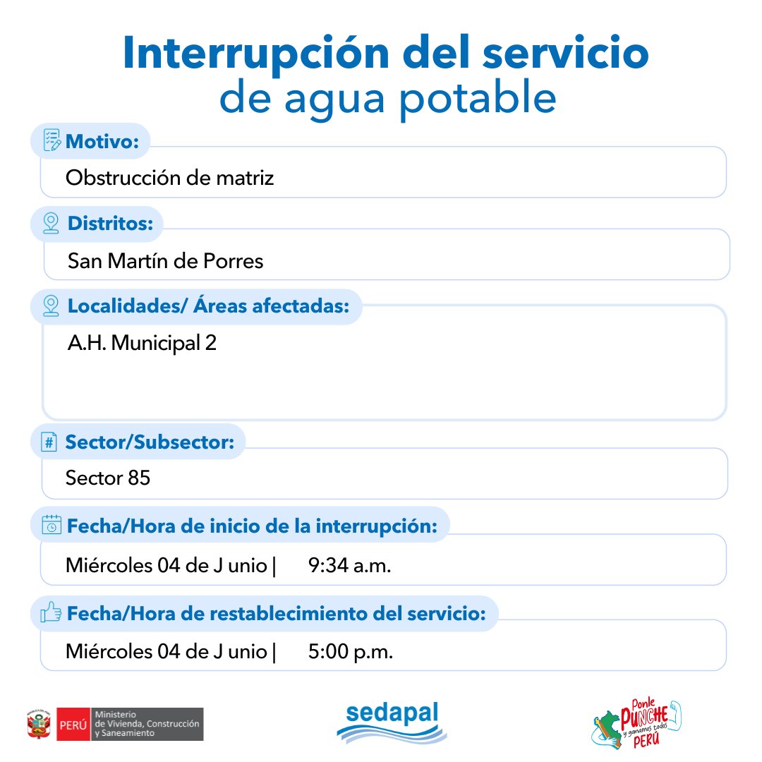 🚨 #LoÚltimo | ¡Atención vecinos de #SanMartínDePorres! #Sedapal atiende una emergencia imprevista por lo que se interrumpirá parcialmente el servicio de agua en algunos sectores. Más detalles aquí 📷 #InterrupciónDelServicio