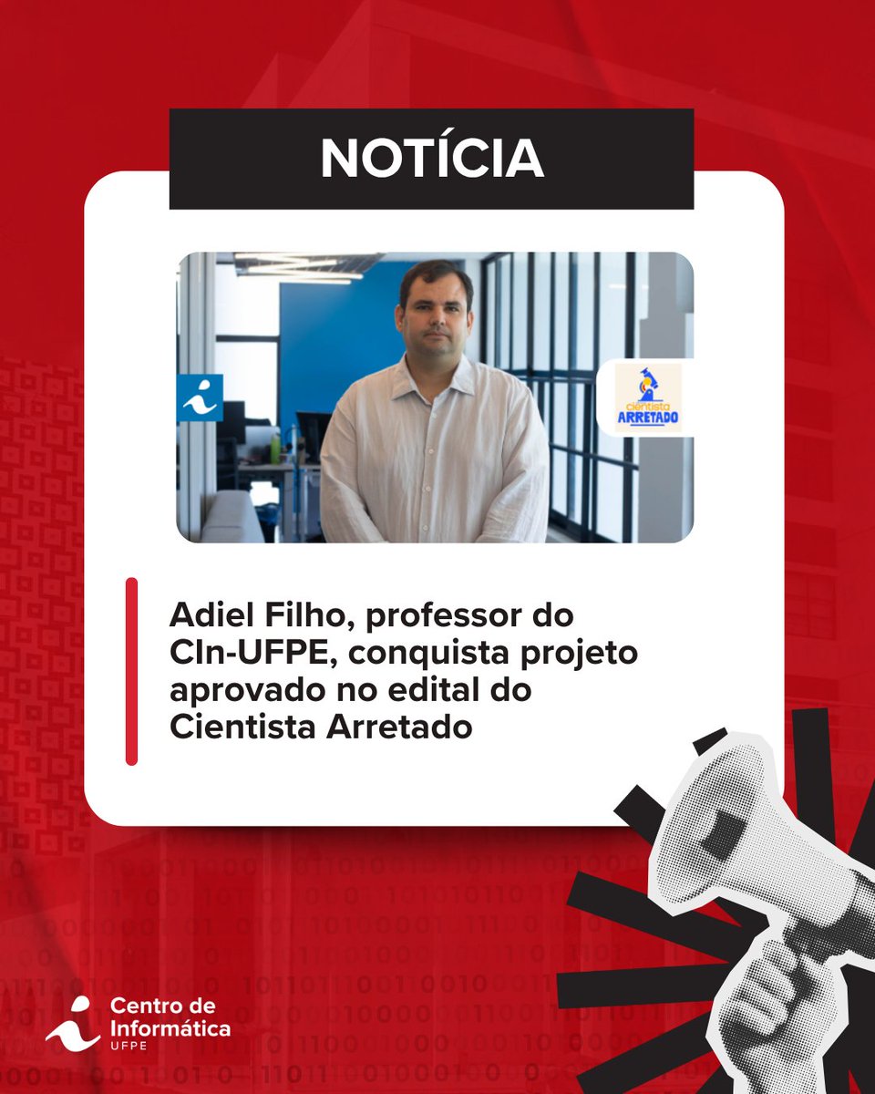 📢 O professor Adiel Teixeira de Almeida Filho, do CIn-UFPE, teve seu projeto aprovado no novo edital do programa Cientista Arretado, uma iniciativa da Secretaria de Ciência, Tecnologia e Inovação de Pernambuco, por meio da FACEPE.

Confira portal.cin.ufpe.br/2025/06/03/adi…