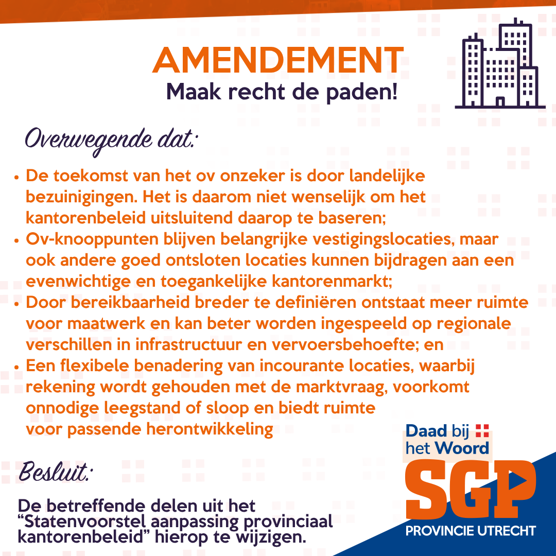 Goed nieuws m.b.t. het provinciaal kantorenbeleid! Ons amendement "Veenendaal naar de top!" werd zojuist aangenomen. Dit maakt meer ontwikkeling mogelijk dan de indeling in categorie 4. Het amendement "Maak recht de paden!" dat wij mede indienden, werd ook aangenomen.

#kantoren