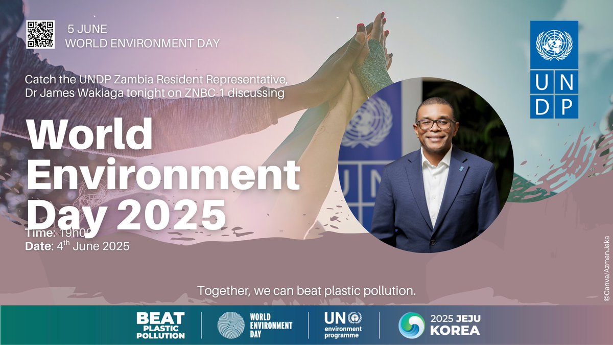 UNDP Zambia (@undpzambia) on Twitter photo 🚨 13 MILLION tonnes of plastic enter soils yearly, and by 2060, plastic use could hit 1.2 BILLION tonnes/year.
📺 Tonight at 19:00 on ZNBC 1, our Resident Representative <a href="/wakiaga/">James Wakiaga</a> breaks down how we #BeatPlasticPollution.
🌱 Time to turn the tide. #WorldEnvironmentDay 🚨 13 MILLION tonnes of plastic enter soils yearly, and by 2060, plastic use could hit 1.2 BILLION tonnes/year.
📺 Tonight at 19:00 on ZNBC 1, our Resident Representative <a href="/wakiaga/">James Wakiaga</a> breaks down how we #BeatPlasticPollution.
🌱 Time to turn the tide. #WorldEnvironmentDay