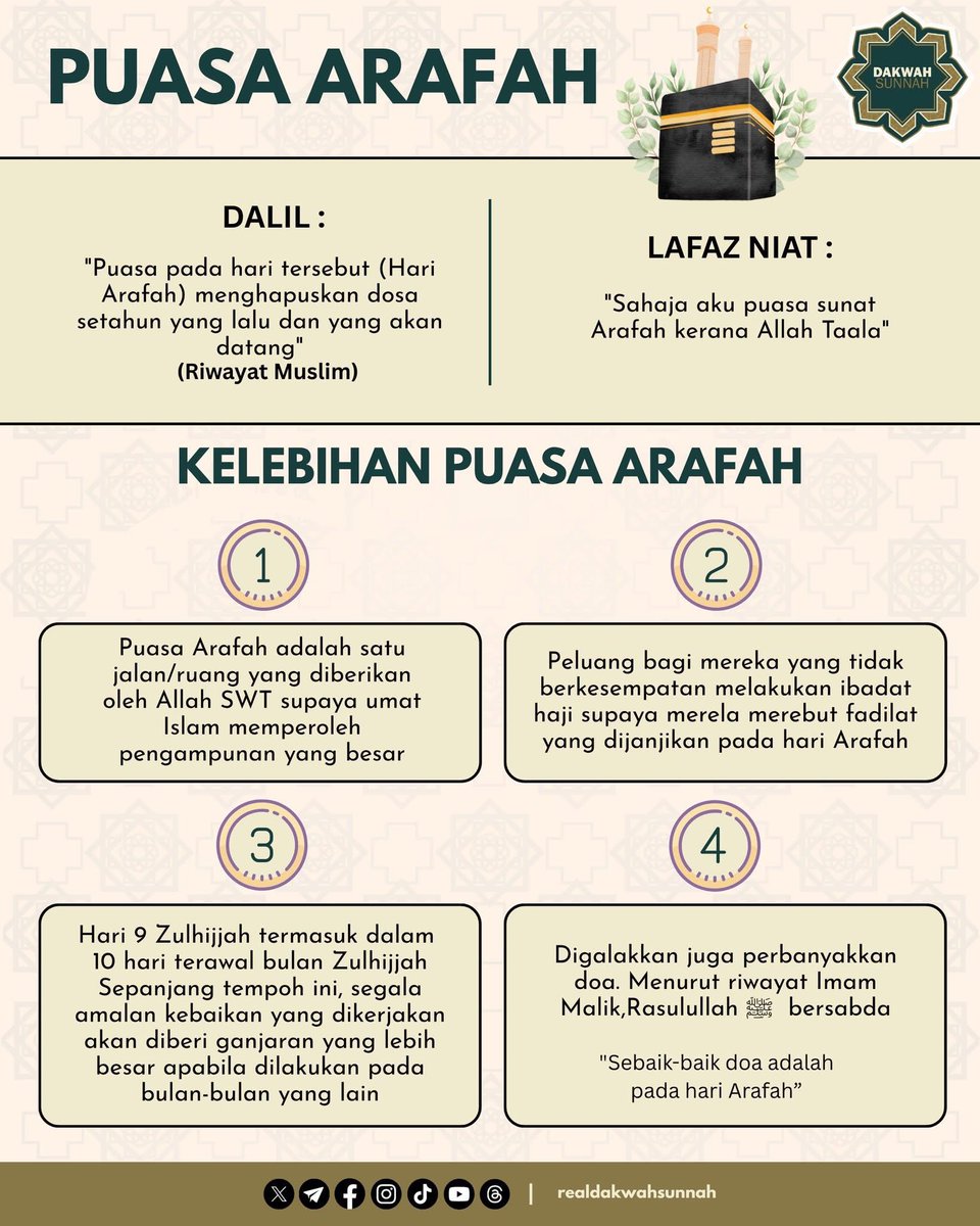 mhmmdhsm's tweet photo. Puasa Arafah: Satu Hari, Dua Tahun Diampuni

Sabda Nabi ﷺ:
"Puasa pada hari Arafah menghapuskan dosa setahun yang lalu dan setahun yang akan datang." (HR Muslim)

📌 Jumaat, 9 Zulhijjah — Jangan lepaskan peluang keemasan ini. Bukan semua mampu ke Arafah. https://t.co/nHgoUXVbKb