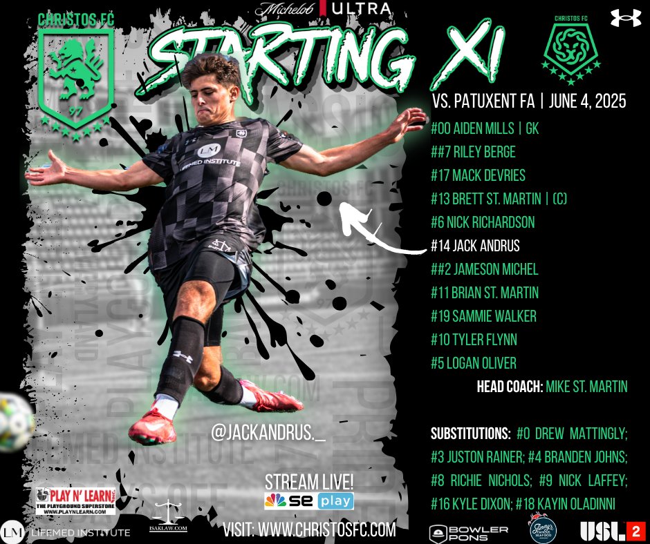 ChristosFC's tweet photo. Here is your @MichelobULTRA Starting XI powered by @UnderArmour for tonight's @USLLeagueTwo matchup vs. @patuxentfa_
#CTID | #MichelobUltra | #PlayNLearnPlayground | #LifeMedInstitute | https://t.co/igdhLVpQwW | #BowlerPons | @JimmysSeafood | #UnderArmour https://t.co/55w0qr7ea3