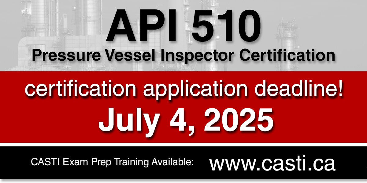 CASTI_Inc's tweet photo. Application deadline for API 510 certification is July 4!  
https://t.co/9T8V5a107P

Be prepared with records of your employment and education history.

CASTI exam prep training:  
https://t.co/p2o0lcYpHI

#CASTI_Inc #API510 #inspector https://t.co/WoJtzLrvFG