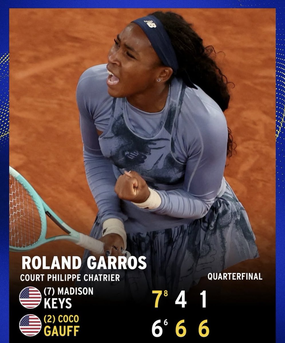 Coco Gauff’s comeback is so lovely to watch. 

Semis: Lois Boisson vs Cocco Gauff 

Madison Keys 🇺🇸 7(8)-6(6) 4-6 1-6 🇺🇸 Cocco Gauff