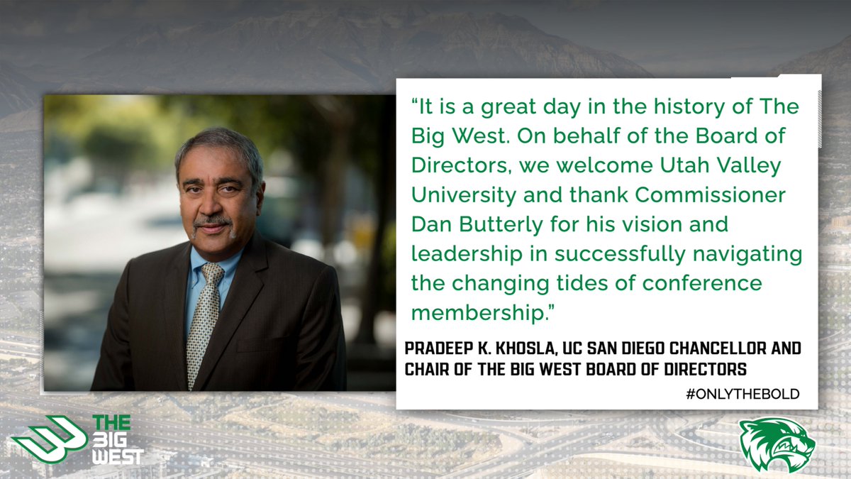 The Big West (@bigwestsports) on Twitter photo Hear from the Chair of The Big West Board of Directors and <a href="/UCSanDiego/">UC San Diego</a> Chancellor Pradeep K. Khosla on the addition of <a href="/GoUVU/">UVU Wolverines</a> in 2026.
#๐ข๐ป๐น๐๐ง๐ต๐ฒ๐๐ผ๐น๐ฑ x #GoUVU Hear from the Chair of The Big West Board of Directors and <a href="/UCSanDiego/">UC San Diego</a> Chancellor Pradeep K. Khosla on the addition of <a href="/GoUVU/">UVU Wolverines</a> in 2026.
#๐ข๐ป๐น๐๐ง๐ต๐ฒ๐๐ผ๐น๐ฑ x #GoUVU