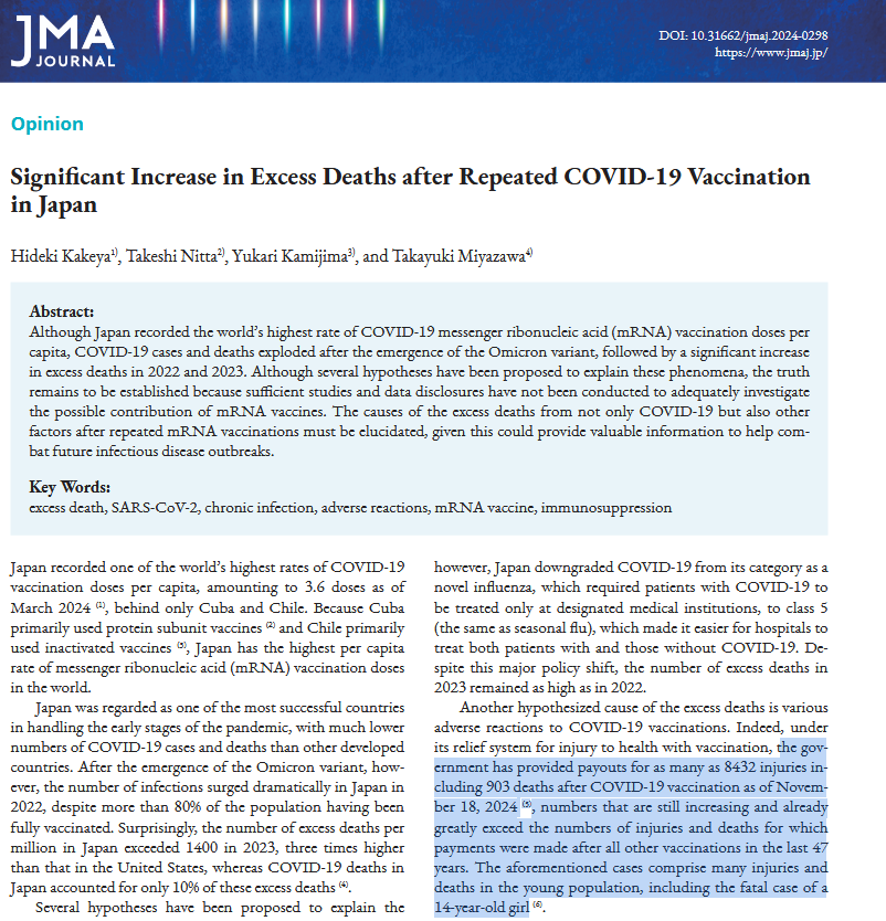 ❗️Japonia - bezprecedensowa liczba wypłaconych odszkodowań za powikłania i zgony po szczepieniach przeciw covid

Japońscy naukowcy z Tokyo University
of Science podejmują próbę wyjaśnienia "znacznego wzrostu liczby zgonów po wielokrotnych szczepieniach przeciwko COVID-19 w