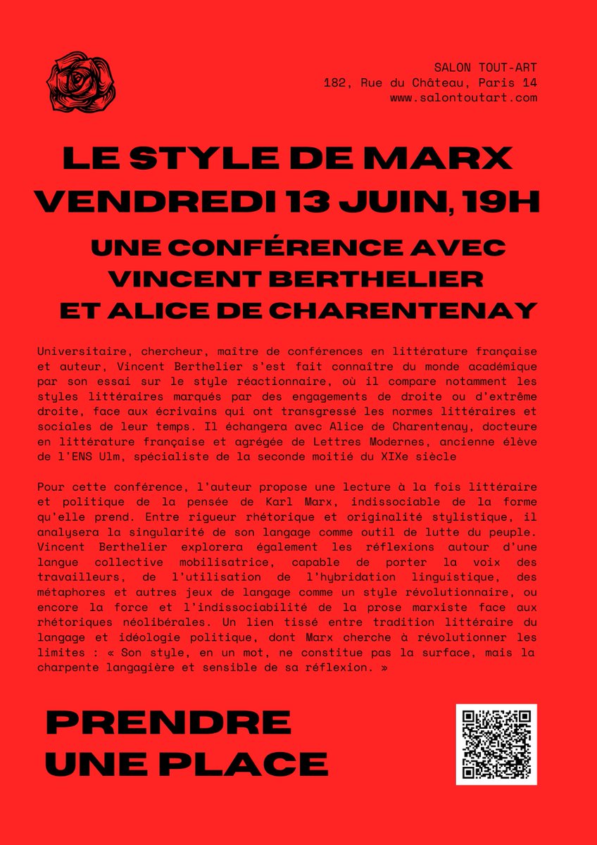 📢 Vendredi 13 juin à 19h, on vous attend nombreux et nombreuses au Salon Tout Art (Paris 14) pour parler du Style de Marx, avec <a href="/v_berthelier/">Vincent Berthelier</a> et <a href="/AlicedeCha1/">Alice de Charentenay</a>