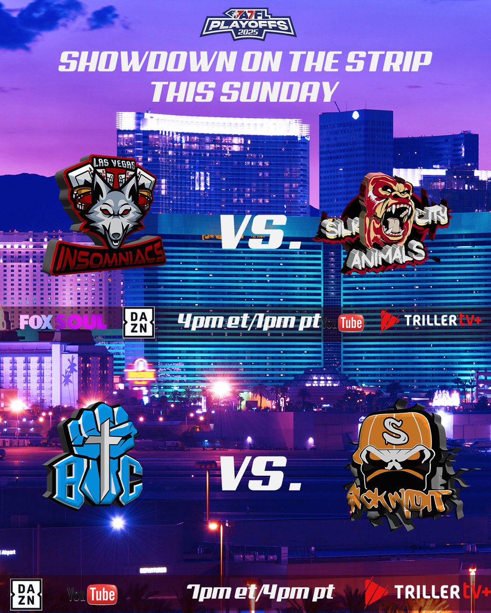 American 7s Football League (A7FL) (@thea7fl) on Twitter photo Two massive matchups! One desert battleground!
Donβt miss A7FL Week 10 Final Four: Las Vegas Takeover - LIVE this Sunday, June 8 4PM ET on A7FL.tv!
π Latest <a href="/seeenaivideo/">seeenaivideo</a> highlights a7fl.tv
#A7FL #football #7on7 #7v7 #7on7football Two massive matchups! One desert battleground!
Donβt miss A7FL Week 10 Final Four: Las Vegas Takeover - LIVE this Sunday, June 8 4PM ET on A7FL.tv!
π Latest <a href="/seeenaivideo/">seeenaivideo</a> highlights a7fl.tv
#A7FL #football #7on7 #7v7 #7on7football