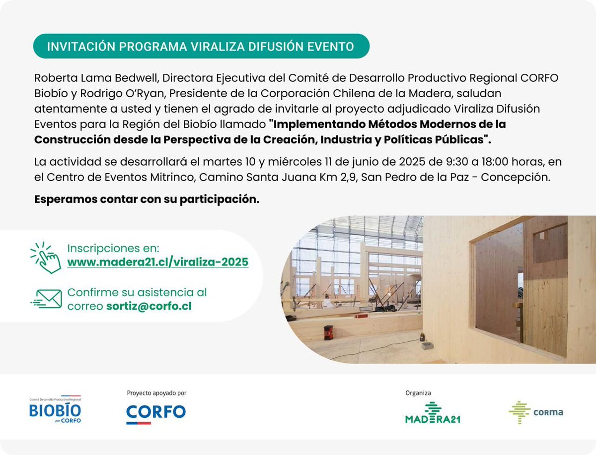 CodesserC's tweet image. #CodesserInforma
Este 10 y 11 de junio se desarrollará el evento "Implementando Métodos Modernos de la Construcción desde la Perspectiva de la Creación, Industria y Políticas Públicas", de la región del #Biobío como parte del programa #BiobíoMadera apoyado por #Codesser.