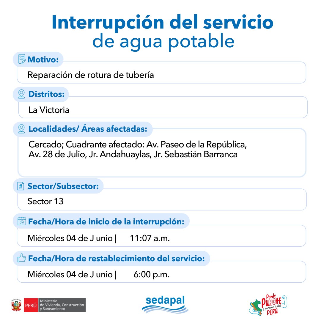 🚨 #LoÚltimo | ¡Atención vecinos de #LaVictoria! #Sedapal atiende una emergencia imprevista por lo que se interrumpirá parcialmente el servicio de agua en algunos sectores. Más detalles aquí 📷 #InterrupciónDelServicio