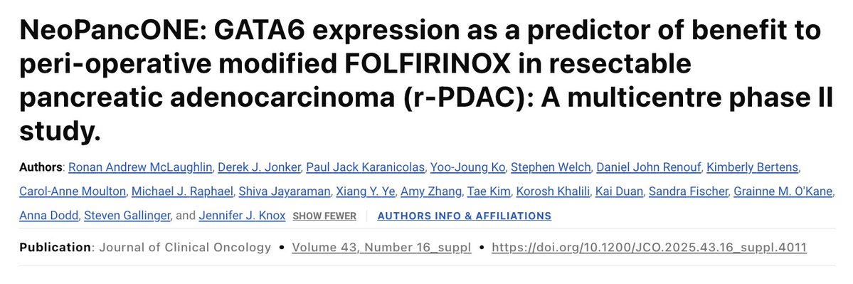 Julie Hallet (@halletjulie) on Twitter photo Sub-typing to select NAT in #PDAC?
NeoPancONE 🇨🇦 #ASCO25 <a href="/CHPBAsurg/">Canadian Hepato-Pancreato-Biliary Association</a>
👥84 resectable PDAC
💉mFOLFIRINOX NAT
Median OS 34 months😀
🔬Classical vs basal sub-type main predictor EFS & OS
What next🤔: sub-type all PDAC prior to chemo? wait for more data?
ascopubs.org/doi/10.1200/JC… Sub-typing to select NAT in #PDAC?
NeoPancONE 🇨🇦 #ASCO25 <a href="/CHPBAsurg/">Canadian Hepato-Pancreato-Biliary Association</a>
👥84 resectable PDAC
💉mFOLFIRINOX NAT
Median OS 34 months😀
🔬Classical vs basal sub-type main predictor EFS & OS
What next🤔: sub-type all PDAC prior to chemo? wait for more data?
ascopubs.org/doi/10.1200/JC…