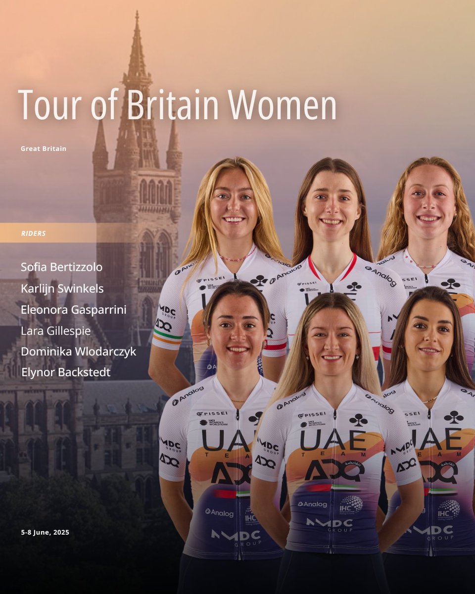 UAETeam_ADQ (@uaeteamadq) on Twitter photo 05/06/2025 – 08/06/2025
<a href="/TourofBritain/">Lloyds Tour of Britain</a> Women (2.WWT)
4 Stages Race (421.8 km) | GREAT BRITAIN
LINE UP: Karlijn Swinkels, Sofia Bertizzolo, Dominika Wlodarczyk, Eleonora Gasparrini, Lara Gillespie, Elynor Backstedt.
#ToBW #UAETeamADQ #UnitedToBeStronger 05/06/2025 – 08/06/2025
<a href="/TourofBritain/">Lloyds Tour of Britain</a> Women (2.WWT)
4 Stages Race (421.8 km) | GREAT BRITAIN
LINE UP: Karlijn Swinkels, Sofia Bertizzolo, Dominika Wlodarczyk, Eleonora Gasparrini, Lara Gillespie, Elynor Backstedt.
#ToBW #UAETeamADQ #UnitedToBeStronger