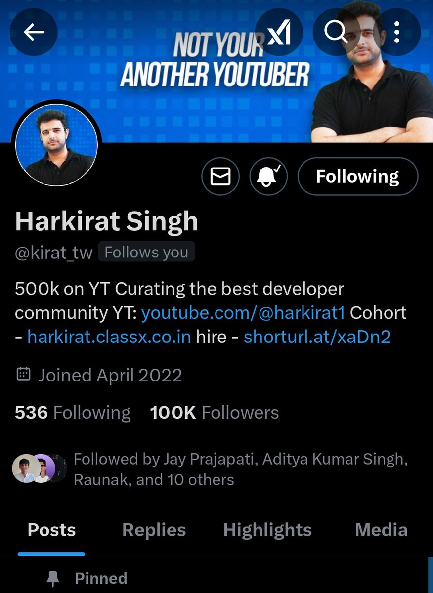 🚀 Huge congrats to <a href="/kirat_tw/">Harkirat Singh</a> on hitting 100K followers! 🎉
You’re not just building projects—you’re building a movement.

Your journey is inspiring thousands like me to learn, build, and stay consistent.
Truly one of the best things to happen to the Indian tech space. 🇮🇳💻