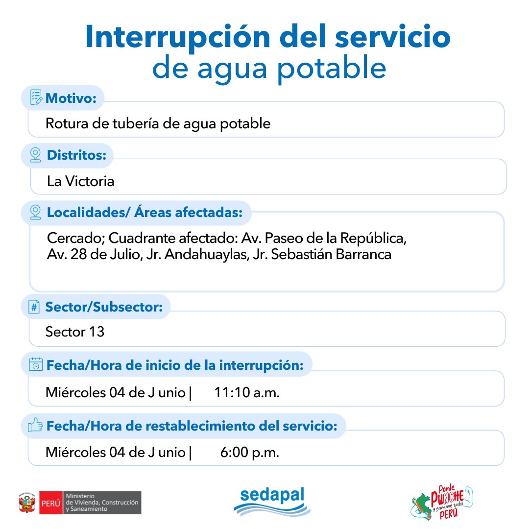 🚨 #LoÚltimo | ¡Atención vecinos de #LaVictoria! #Sedapal atiende una emergencia imprevista por lo que se interrumpirá parcialmente el servicio de agua en algunos sectores. Más detalles aquí 📷 #InterrupciónDelServicio
