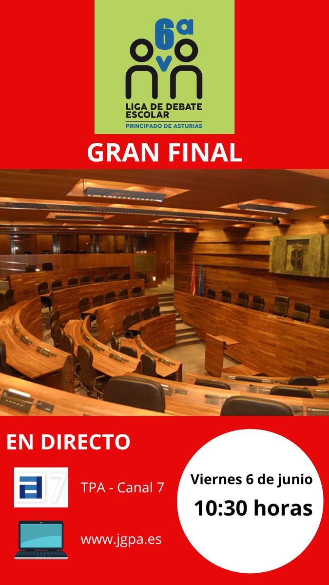 🧒🏻👧🏻 #LigaDebateAsturias

📺 Alumnado de la ESO de toda #Asturias debate este viernes 6 de junio en el Hemiciclo de la <a href="/JuntaAsturias/">Junta General del Principado de Asturias</a> sobre los #deberes y el #pinparental y puedes seguirlo en directo por TPA (Canal 7) a partir de las 10:30 horas