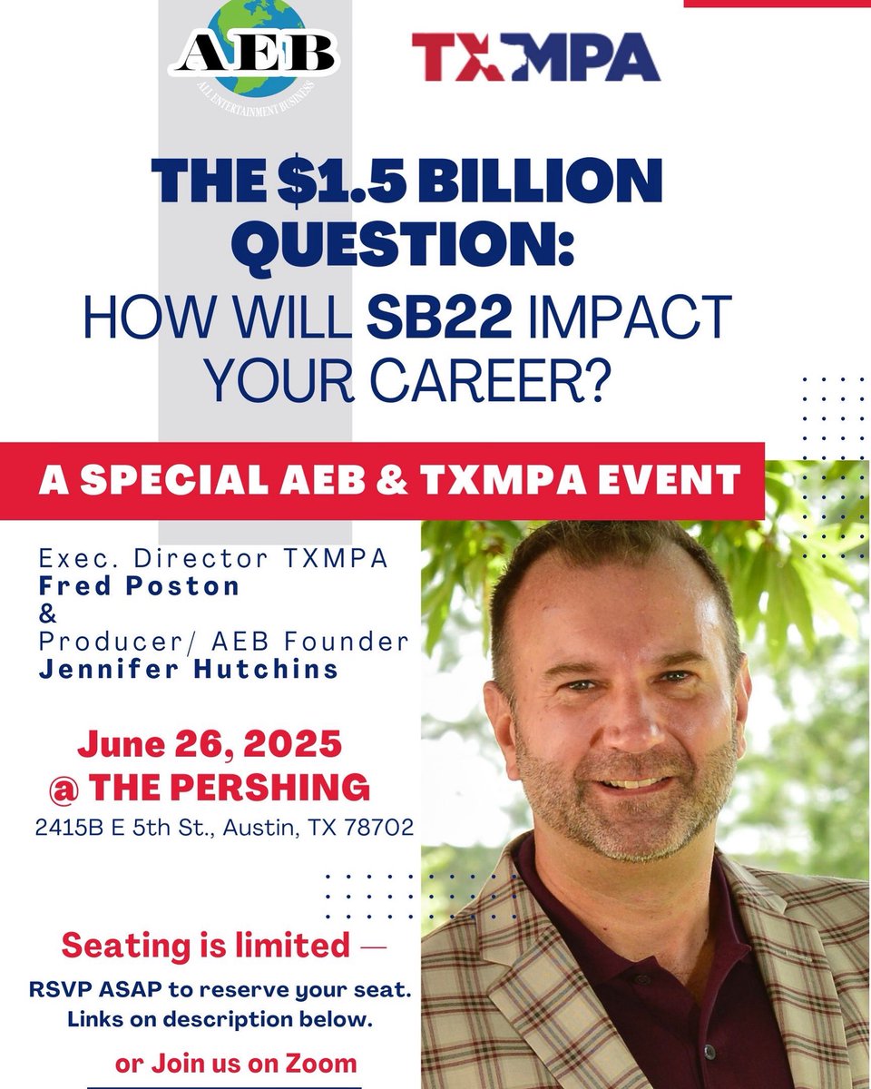 AllEntBusiness's tweet photo. Join us @ The Pershing in Austin or watch Live on Zoom and find out!

AEB VIP Members can RSVP to this event for free! 
https://t.co/gnV8JP4GXS

RSVP in person as a non-member: 
https://t.co/OxfA472tZz

RSVP to join us on Zoom: 
https://t.co/wpGJSus4SL

https://t.co/IjKbIgoUi3 https://t.co/QGMcsyaC1T