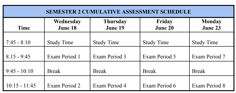 Semester 2 cumulative assessments will be administered on the
last four days of the school from June 18 to June 23 as indicated below. Please note for planning purposes: