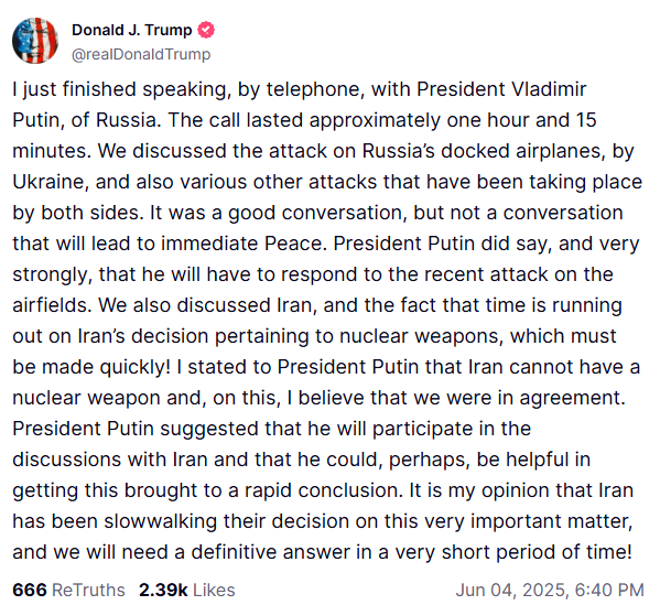 В эту соц сеть стоит вернуться хотя бы для того, чтобы спросить, что с ебалом у трампоскота? 

4 июня 2025 года: