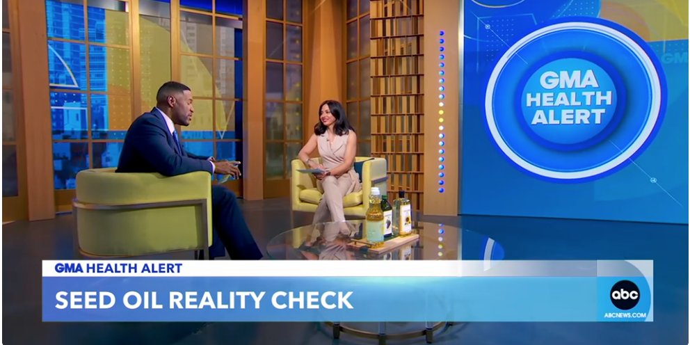 drcateshanahan's tweet image. Good Morning America invites an MD with apparently zero nutrition expertise of any kind to "school us up" on the truth about seed oils. Her message, "Don't be afraid!"
How is it any more appropriate for ABC to ask this particular MD, who has no demonstrable expertise in diet,…