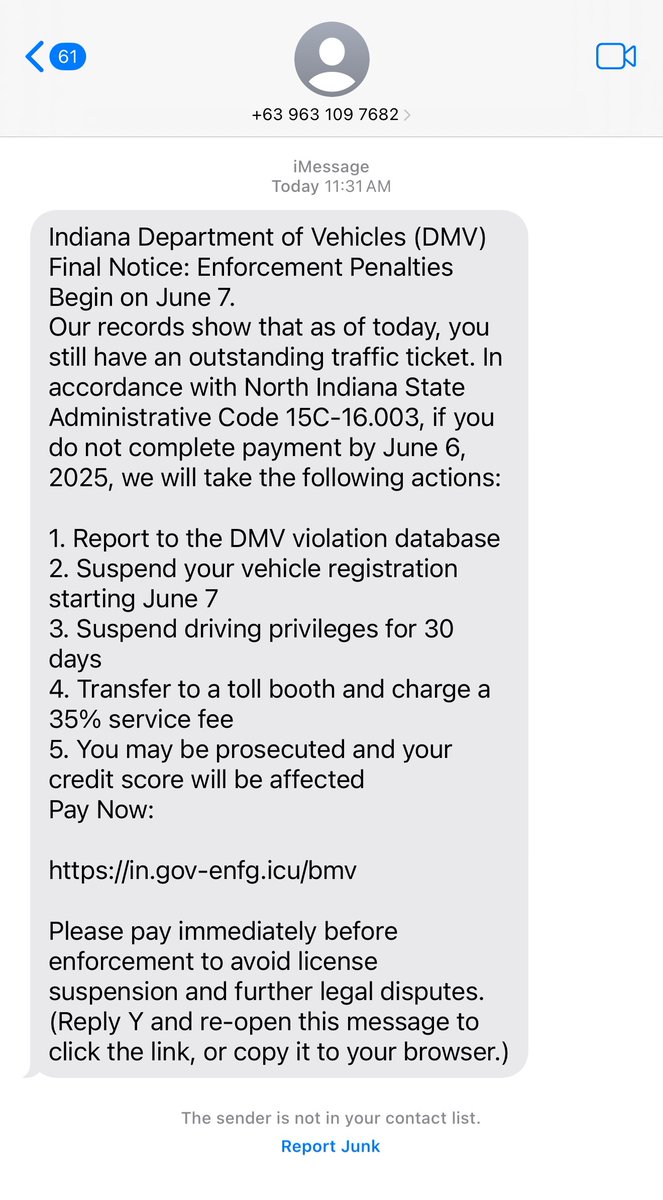 allensuperiorct's tweet image. Scammers are busy today sending out text messages (like the example below), claiming to be from the @INBMV, about unpaid tickets. We have received numerous calls and messages asking if these are legitimate. These message are bogus and you should not click on the link. (1/3)