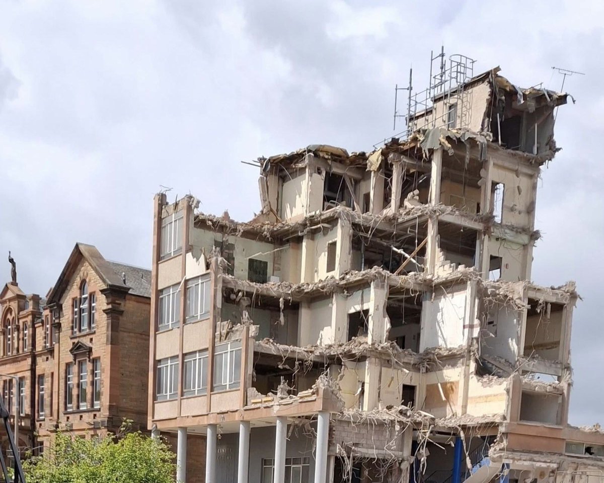 Trinity Academy’s 60-70s block now in an artistic partially demolished state.
No more epic climbs to F floor for geography!

Thanks to Hazel &amp; probably Loki for the photo.