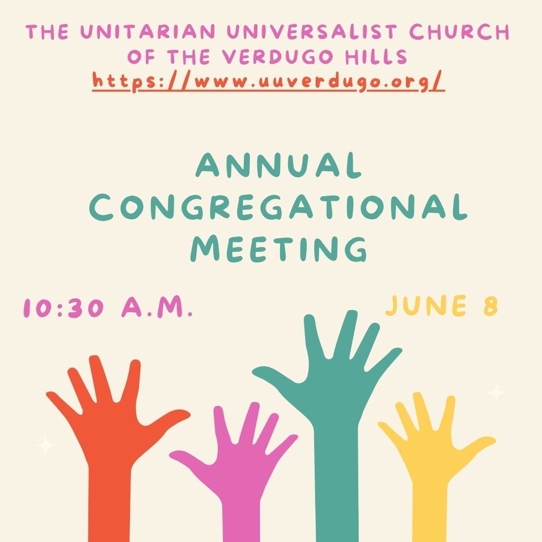 #SundayService June 8: Annual Congregational Meeting

Our Annual Meeting will take the place of the service.  Your voice and vote are important as we make decisions for the coming year and the future of our congregation. 

In person or ZOOM buff.ly/9pCbEFn #UUTwitter