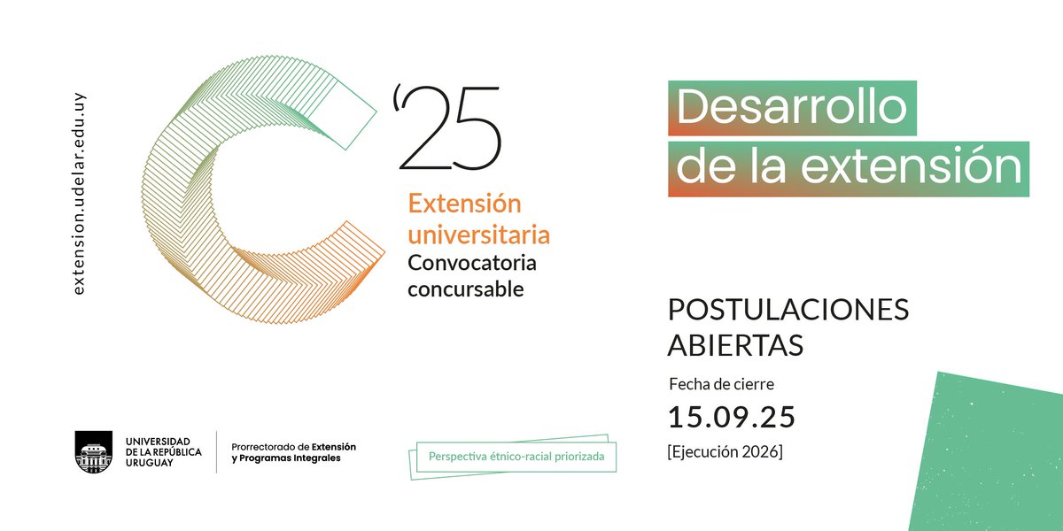 Extensión Udelar (@extensionudelar) on Twitter photo 📢 𝘾𝙊𝙉𝙑𝙊𝘾𝘼𝙏𝙊𝙍𝙄𝘼 𝘼𝘽𝙄𝙀𝙍𝙏𝘼 📢
Esta modalidad se orienta al desarrollo de la extensión universitaria de equipos de la <a href="/Udelaruy/">Universidad de la República</a> con trayectoria y producción académica previa en torno a un problema de intervención.
extension.udelar.edu.uy/convocatorias/… 📢 𝘾𝙊𝙉𝙑𝙊𝘾𝘼𝙏𝙊𝙍𝙄𝘼 𝘼𝘽𝙄𝙀𝙍𝙏𝘼 📢
Esta modalidad se orienta al desarrollo de la extensión universitaria de equipos de la <a href="/Udelaruy/">Universidad de la República</a> con trayectoria y producción académica previa en torno a un problema de intervención.
extension.udelar.edu.uy/convocatorias/…