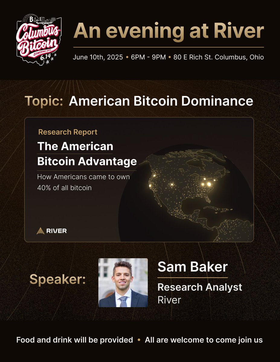 Get ready for an exciting evening of learning, networking, and fun at the Columbus Bitcoin Meetup on June 10, 2025, from 6 PM to 9 PM! We’re thrilled to announce that this event will be hosted at the vibrant downtown Columbus offices of <a href="/River/">River</a>.

We’re honored to feature