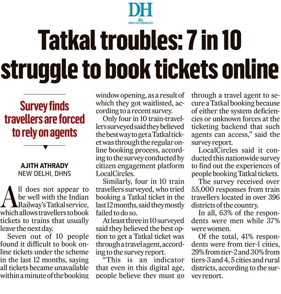<a href="/AshwiniVaishnaw/">Ashwini Vaishnaw</a> Glad to see you and <a href="/RailMinIndia/">Ministry of Railways</a> <a href="/IRCTCofficial/">IRCTC</a> take note of the escalation by active citizens below &amp; <a href="/LocalCircles/">LocalCircles</a> on issues faced on #Tatkal tickets a few days ago and announce this. 

localcircles.com/a/press/page/t…
<a href="/sureshpprabhu/">Suresh Prabhu</a> <a href="/velumania/">Dr. A. Velumani.PhD.</a> <a href="/Panks_Arora/">Pankaj Arora 🇮🇳</a> <a href="/ipo_mantra/">R.K.</a> <a href="/SatyajeetM72938/">Satyajeet Mishra</a>