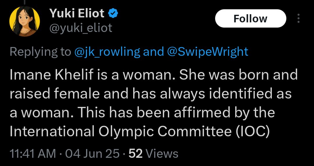 Imane Khelif is not a woman, nor was he "born female." He was born a male, because he is a male, and humans cannot change sex. The "female" designation on his birth certificate was incorrectly entered due to Khelif's developmental condition.