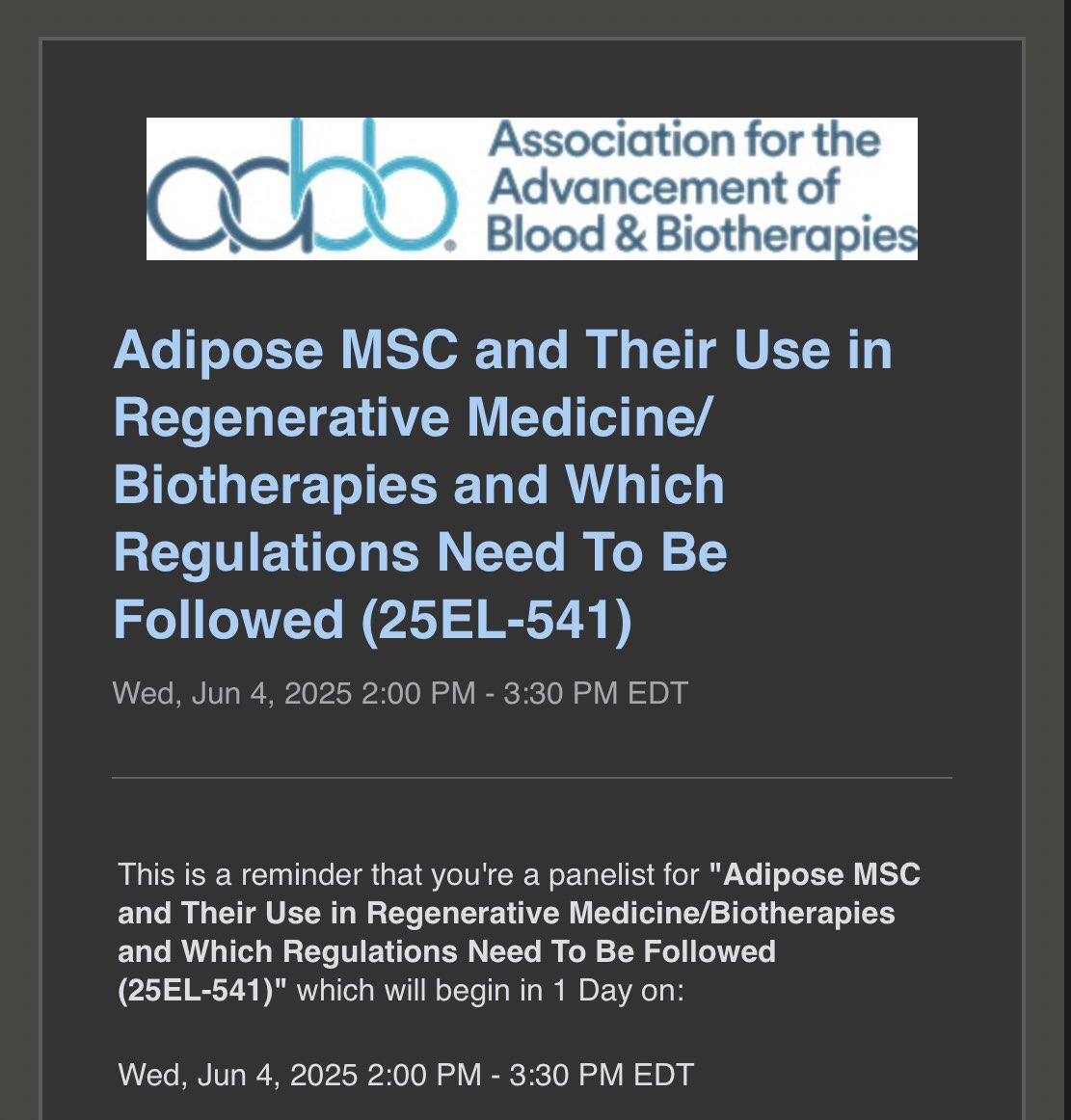 Some of the most important and authoritative scientific events worldwide are those organized by the Association for the Advancement of Blood and Biotherapies (AABB), which selects only top scientists to participate. Thank you for the invitation at today’s prestigious webinar