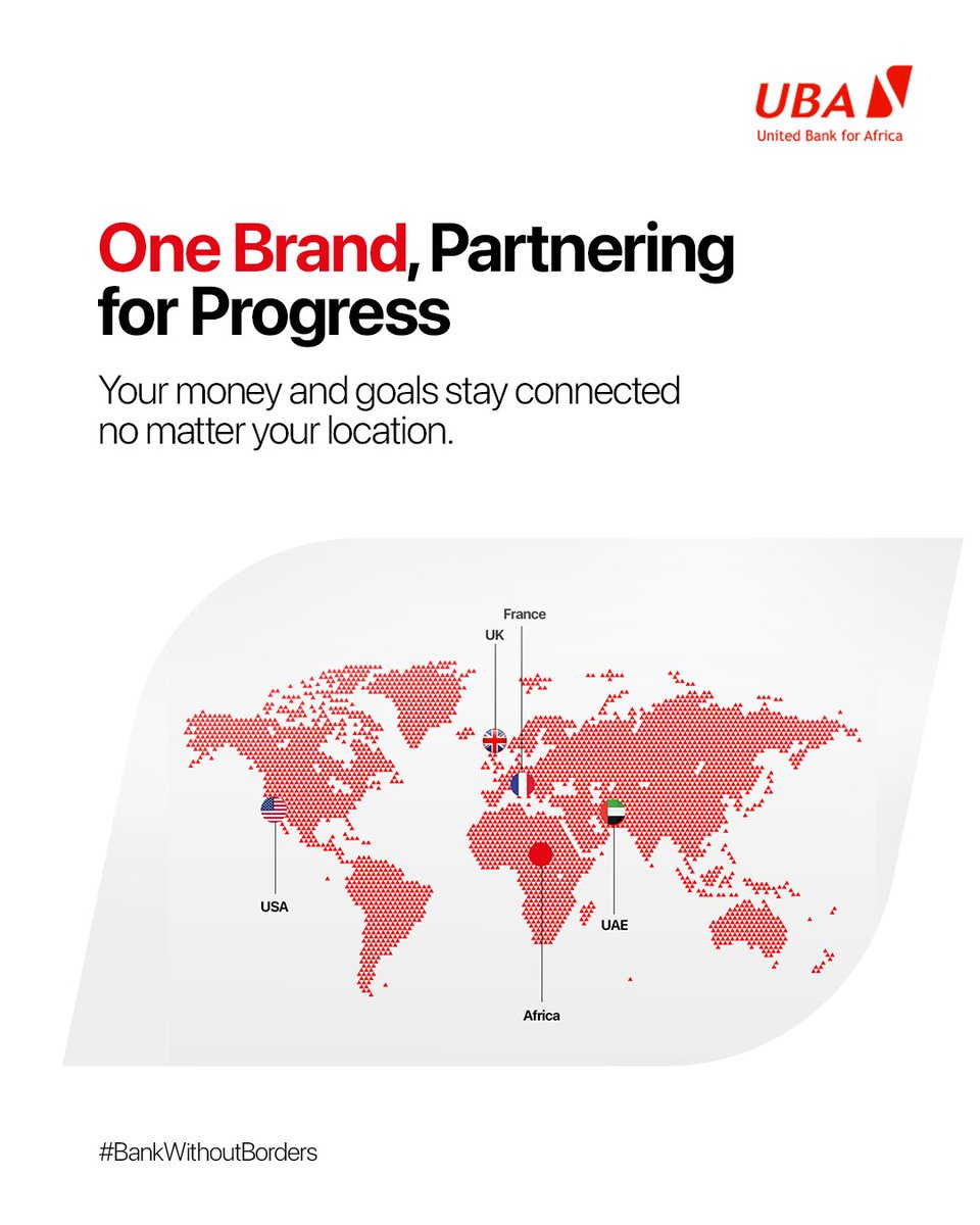 𝐎𝐧𝐞 𝐁𝐫𝐚𝐧𝐝, 𝐏𝐚𝐫𝐭𝐧𝐞𝐫𝐢𝐧𝐠 𝐟𝐨𝐫 𝐏𝐫𝐨𝐠𝐫𝐞𝐬𝐬! 🌍 

Whether you're in Lagos, London, Paris or Dubai — your money moves with you. Stay connected to your financial goals from anywhere in the world.

#AfricasGlobalBank