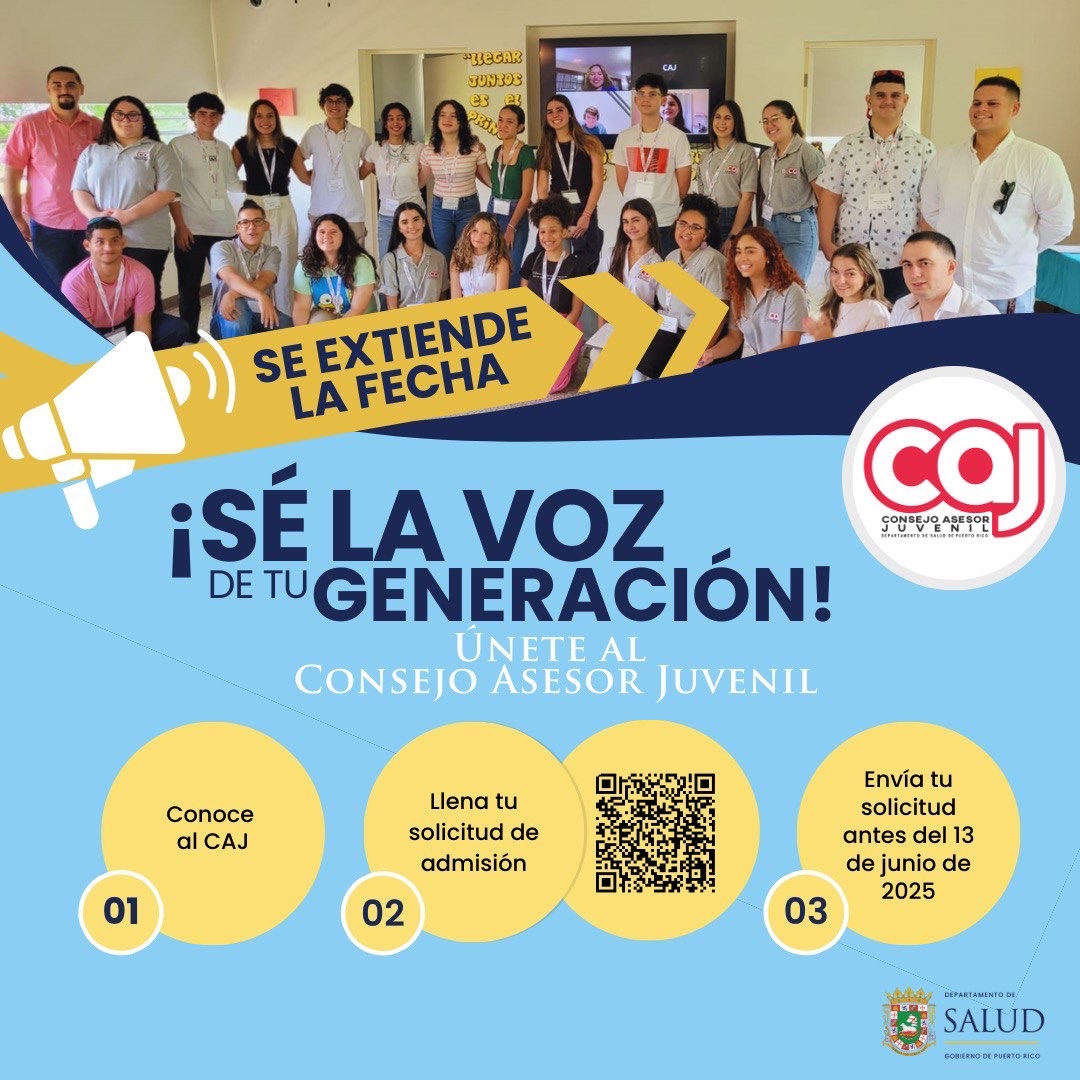 🌟¿Tienes entre 14 y 19 años y quieres marcar la diferencia en tu comunidad? Únete al Consejo Asesor Juvenil y sé parte del cambio. 

La convocatoria se extiende hasta el 13 de junio de 2025. 👉redcap.link/SolicitudCAJ_2… 

ℹ️ salud.pr.gov/caj