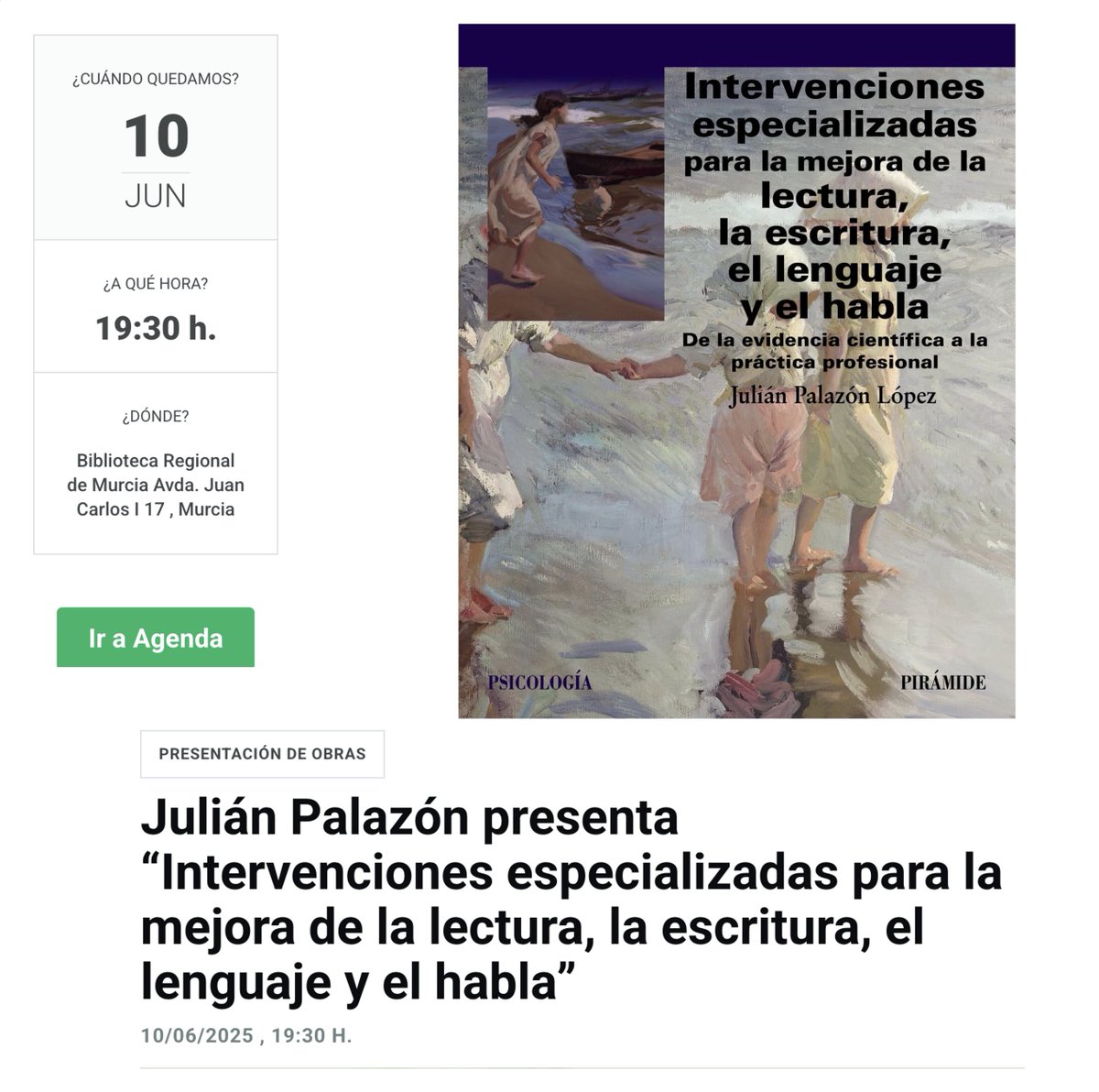 Buenas tardes.

El próximo día 10 de junio, a las 19:30h, tendrá lugar en el salón actos de la Biblioteca Regional de Murcia la presentación del libro: "Intervenciones especializadas para la mejora de la lectura, la escritura, el lenguaje y el habla'.