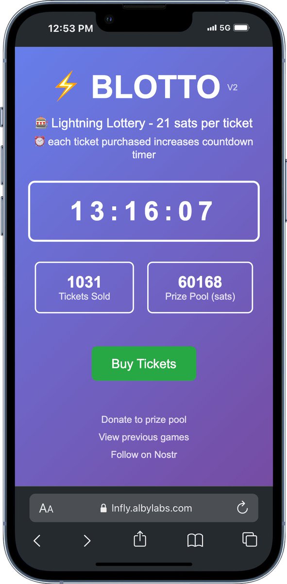 Lightsats21's tweet image. Who wants a second round of Lightning Lotto?
🎉 Blotto is back — now better than ever!
⚡ Join the Lightning lottery for just 21 sats per ticket
🎟️ Buy multiple tickets
🎁 40,000 sats were added once prize pool hit 20,000
🤖 Nostr bot with AI announcer
🔗 lgt.st/blotto