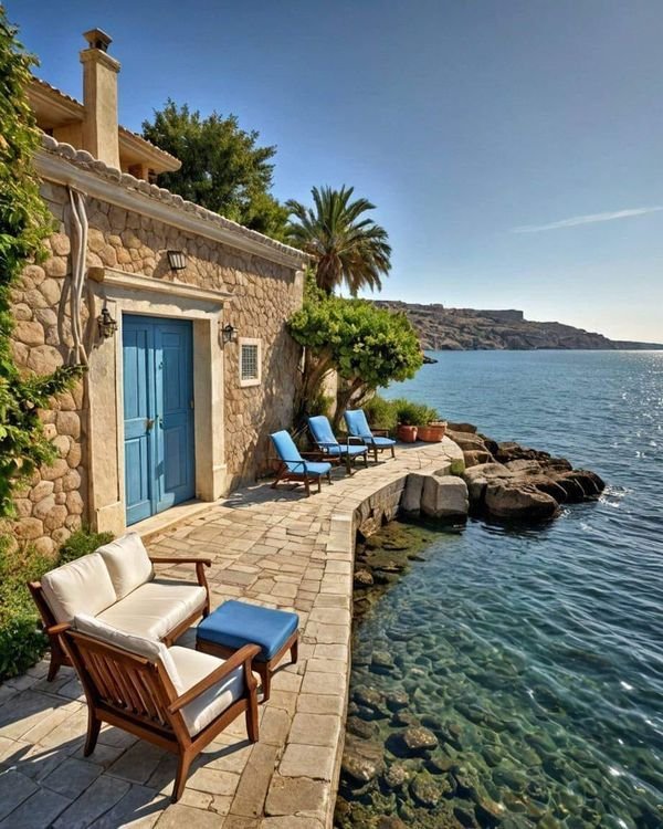 Denize bakan bir taş ev.