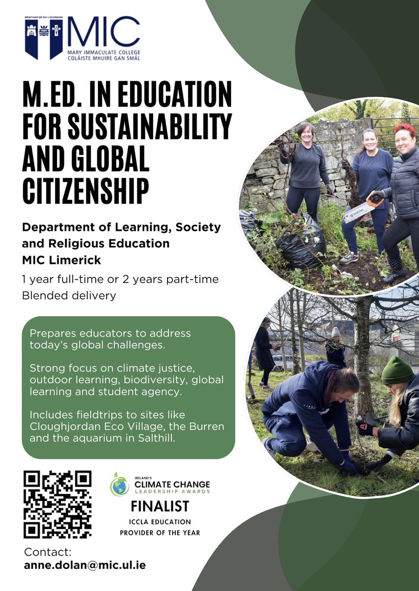 Dr Paul O'Brien (@fearstairlmk) on Twitter photo M.Ed. in Education for Sustainability in Global Citizenship Education.
This full time or part time blended postgraduate programme is now open for applications for the class of September 2025. More info: mic.ul.ie/faculty-of-edu⦠<a href="/MICLimerick/">Mary Immaculate College (MIC)</a> <a href="/MICEducationFac/">Faculty of Education, Mary Immaculate College.</a> M.Ed. in Education for Sustainability in Global Citizenship Education.
This full time or part time blended postgraduate programme is now open for applications for the class of September 2025. More info: mic.ul.ie/faculty-of-edu⦠<a href="/MICLimerick/">Mary Immaculate College (MIC)</a> <a href="/MICEducationFac/">Faculty of Education, Mary Immaculate College.</a>