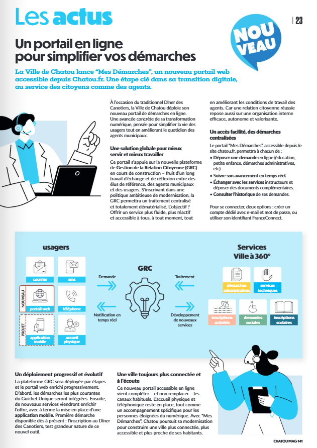Article sur notre projet de GRC (Gestion de la Relation Citoyenne) dans le Chatou Mag
lnkd.in/efwQnqbp

Un projet structurant à la croisée des enjeux de simplification et de dématérialisation, d'urbanisation SI, d'organisation et de RH.
#GRC #Chatou #Publik