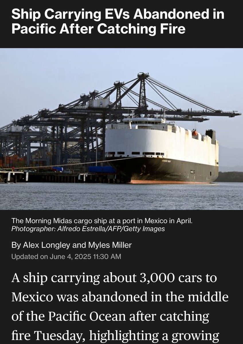 Another EV drop for Davey Jones

Li-ion battery can’t go below ~2.5 volts without being damaged; never fully discharges

no such thing as shipping an EV with an “empty gas tank”

Insurance rates🚀
3,000 EVs on one ship💰😬