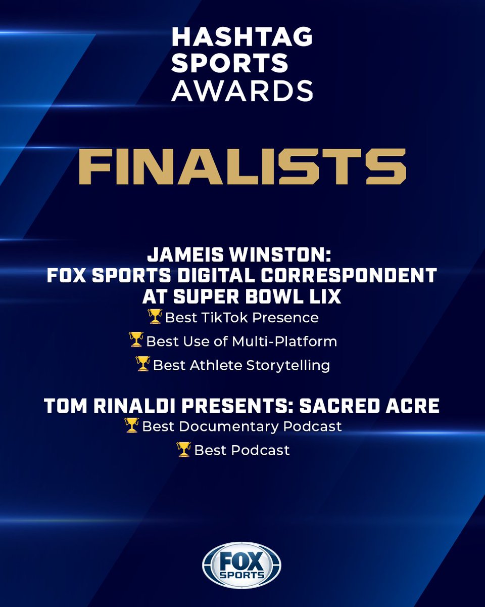 FOX Sports PR (@foxsportspr) on Twitter photo .<a href="/FOXSports/">FOX Sports</a> is a 5x <a href="/HashtagSports/">Hashtag Sports</a> Awards finalist!
Congratulations to <a href="/Jaboowins/">Jameis Winston</a>, <a href="/NFLonFOX/">FOX Sports: NFL</a>, Tom Rinaldi and all the 2025 nominees! 👏👏 .<a href="/FOXSports/">FOX Sports</a> is a 5x <a href="/HashtagSports/">Hashtag Sports</a> Awards finalist!
Congratulations to <a href="/Jaboowins/">Jameis Winston</a>, <a href="/NFLonFOX/">FOX Sports: NFL</a>, Tom Rinaldi and all the 2025 nominees! 👏👏