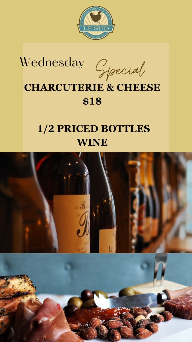 WINE &amp; WEDNESDAYS 🍷🧀
 Midweek just got delicious.

Join us every Wednesday for:
 ✨ Select Bottled Wines
 🧀 Charcuterie Plate
 All for just $18 — yes, both!