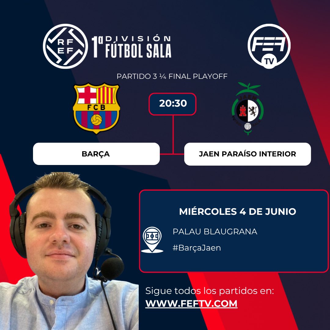 🎙️Mes de finales, mes de máxima emoción 

<a href="/FCBfutbolsala/">Barça Futbol Sala</a> 🆚 <a href="/JaenFS/">Jaén Paraíso Interior FS</a> 

Batalla definitiva entre culés y jienenses por un puesto en semifinales. El Palau dictará sentencia en el que uno avanzará y el otro se despedirá de la temporada.

#BarçaJaen | #PrimeraDivisiónFS 

📺<a href="/fef_tv/">FEF_TV</a>