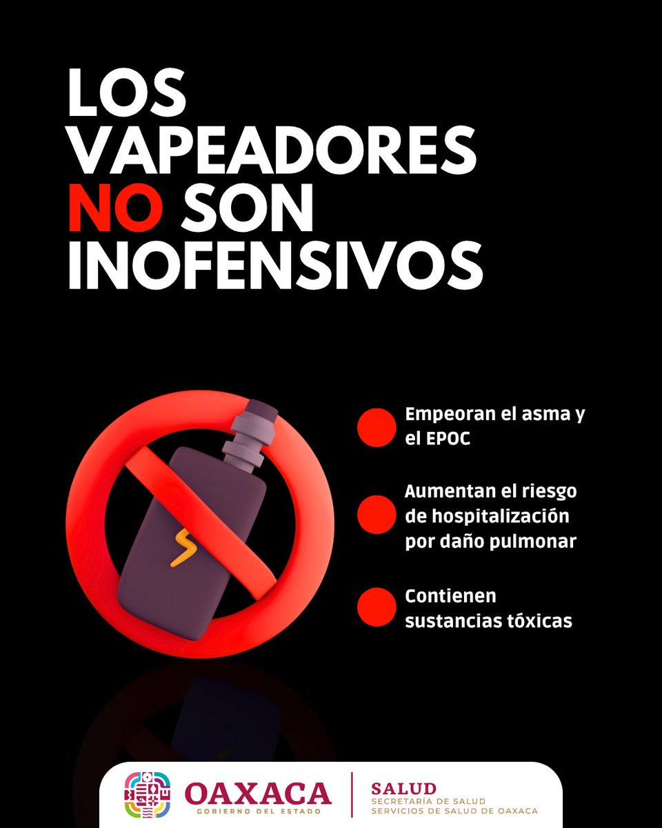 🚫💨 ¡No te dejes engañar!
Los vapeadores no son inofensivos, sí causan daño

Cada inhalación lleva a tus pulmones una mezcla de sustancias tóxicas:
⚠️Nicotina
⚠️Partículas ultrafinas
⚠️Químicos que pueden causar cáncer
Afectan tu salud pulmonar, cardiovascular y hasta tu cerebro